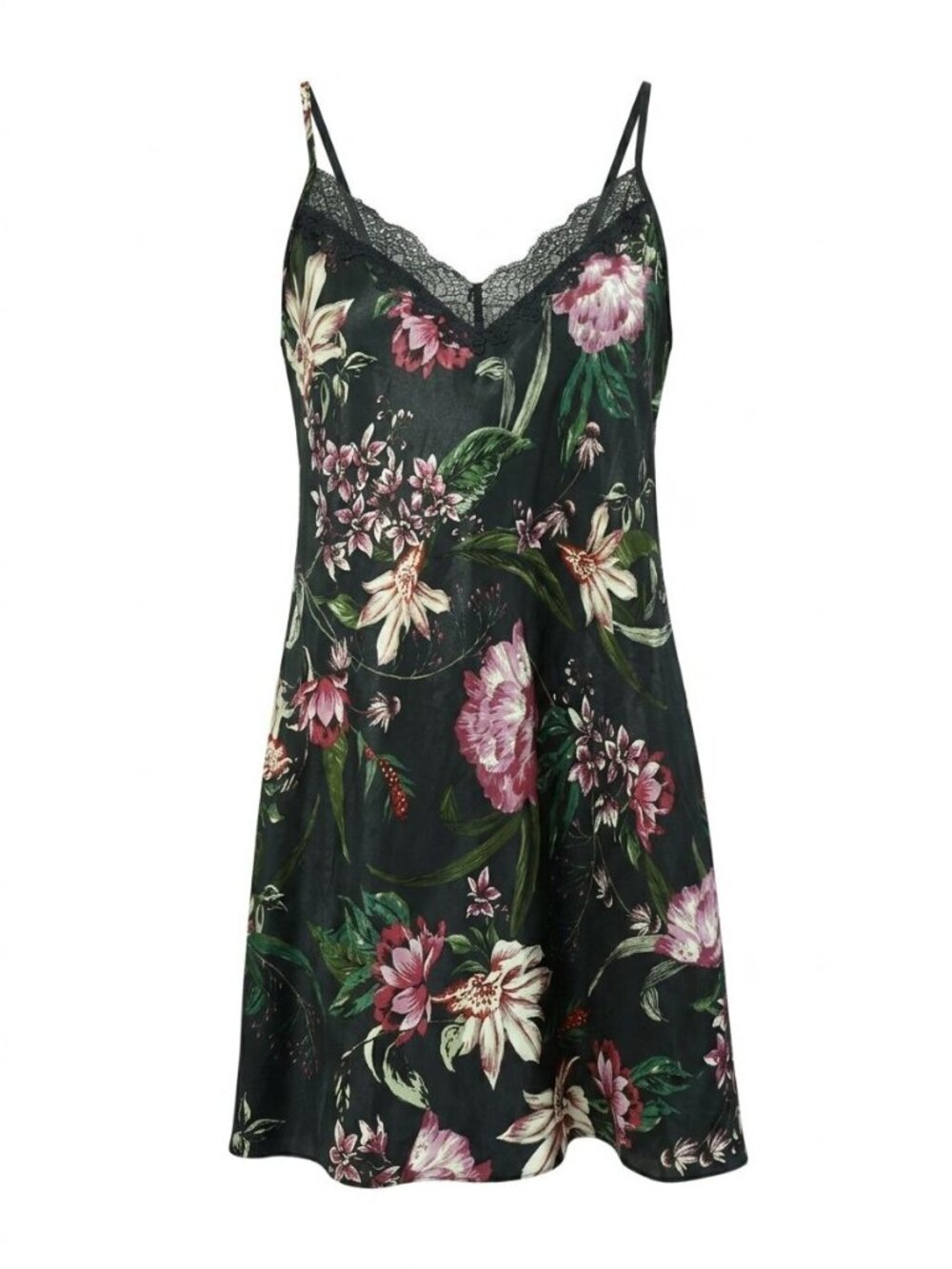 NWOT Linea Donatella Satin Chemise Sz XL Navy Floral Print Lace Trim Nightgown